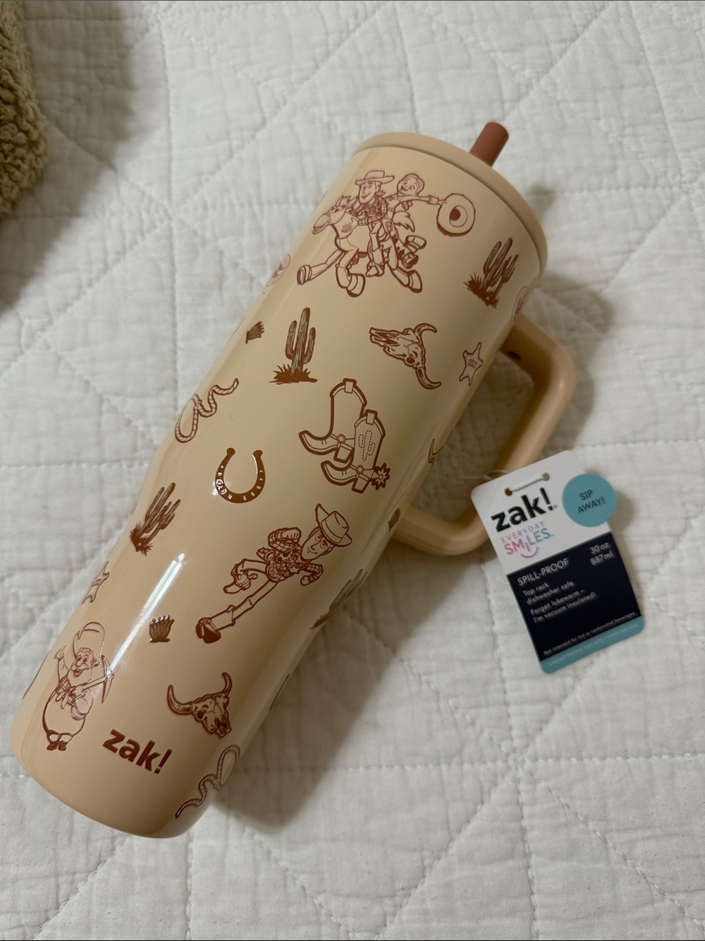 Aldi Zak! Toy Story - Cream Western-Print Spill-Proof Travel Mug with Handle